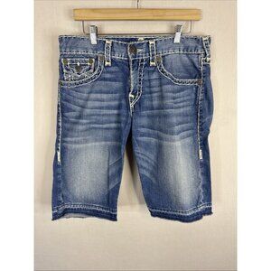 True Religion Ricky Denim Shorts 32 Blue Relaxed Straight Cut Off USA Jorts